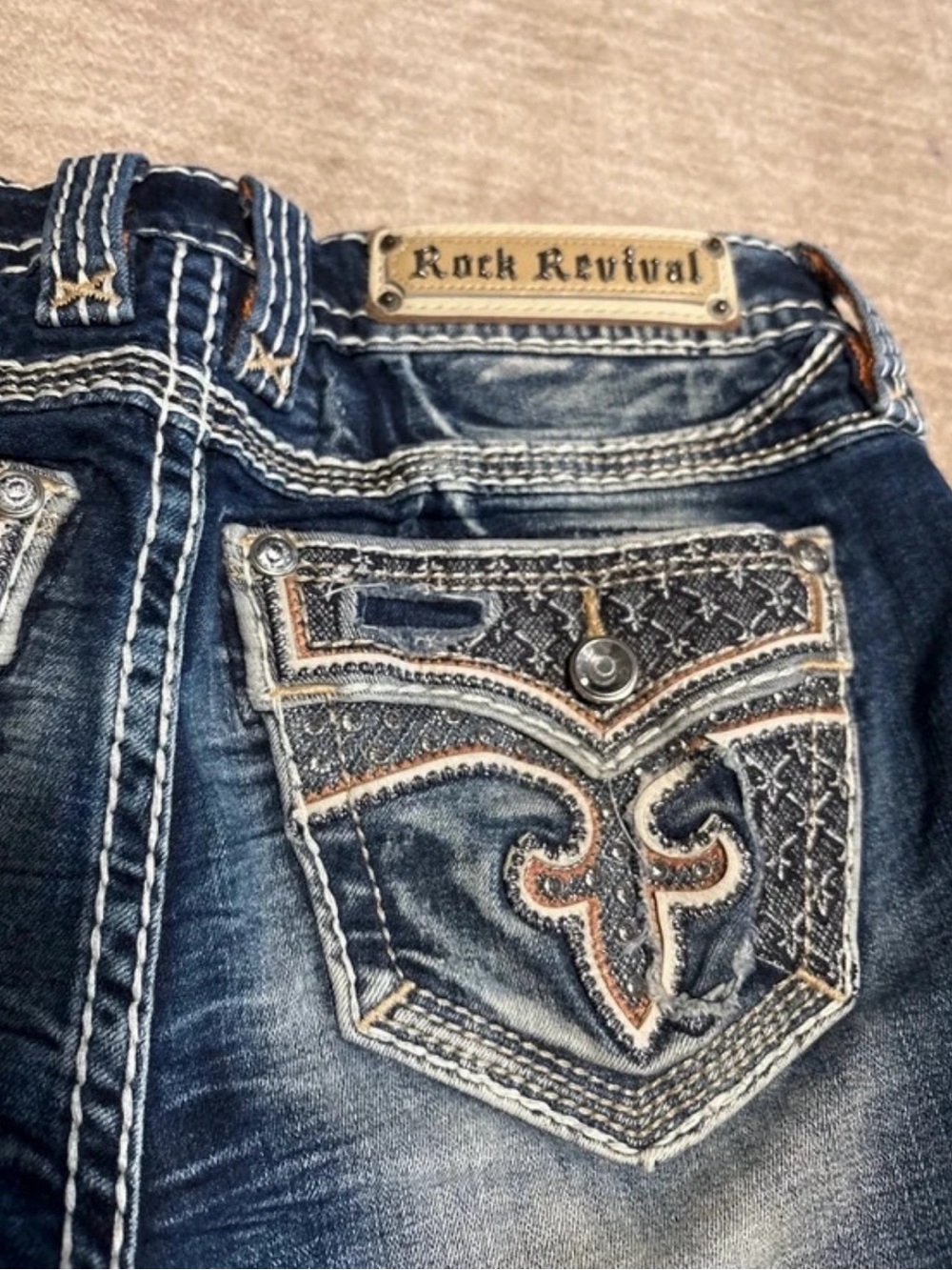 Rock Revival Women's Distressed Dark Blue Embroidered Pocket Jeans